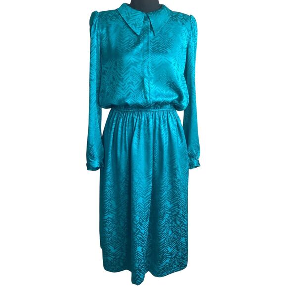 Vintage 80s Silk Midi Dress S/6 Long Sleeve Collared Green Retro Fairy Grunge - Picture 1 of 9